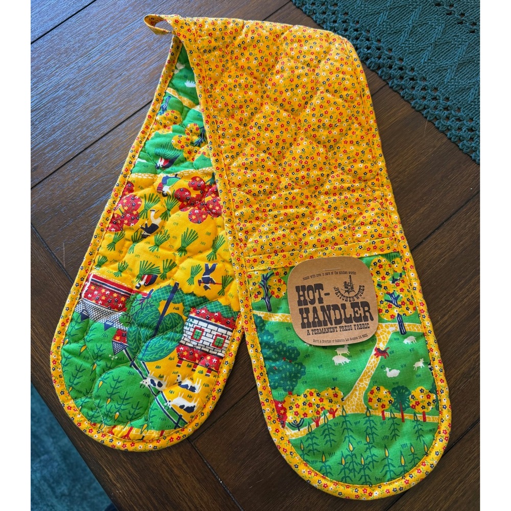 Vintage Hot-Handler Double Oven Mitt Kitchen Works Folk Art Quilted Yellow 32"